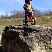 small child on a slider on top of rock