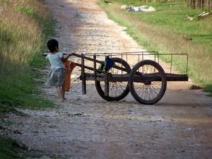 Little girl pushing cart